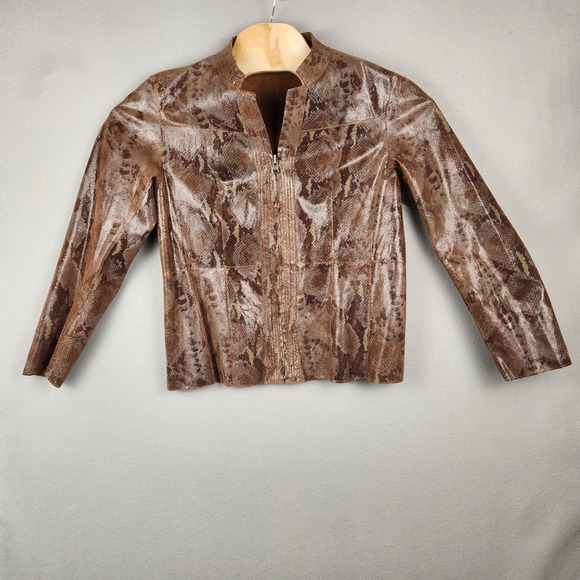 Reversible Suede Snakeskin Print Jacket Womens Medium Brown Tan Zip Front - Picture 4 of 8